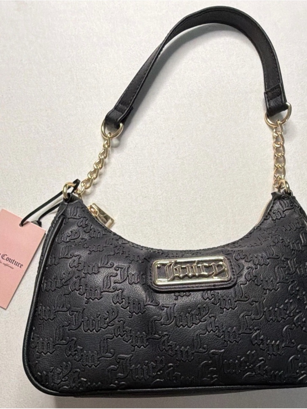 Juicy Couture Black Embossed Shoulder Bag with Gold Chain Accent